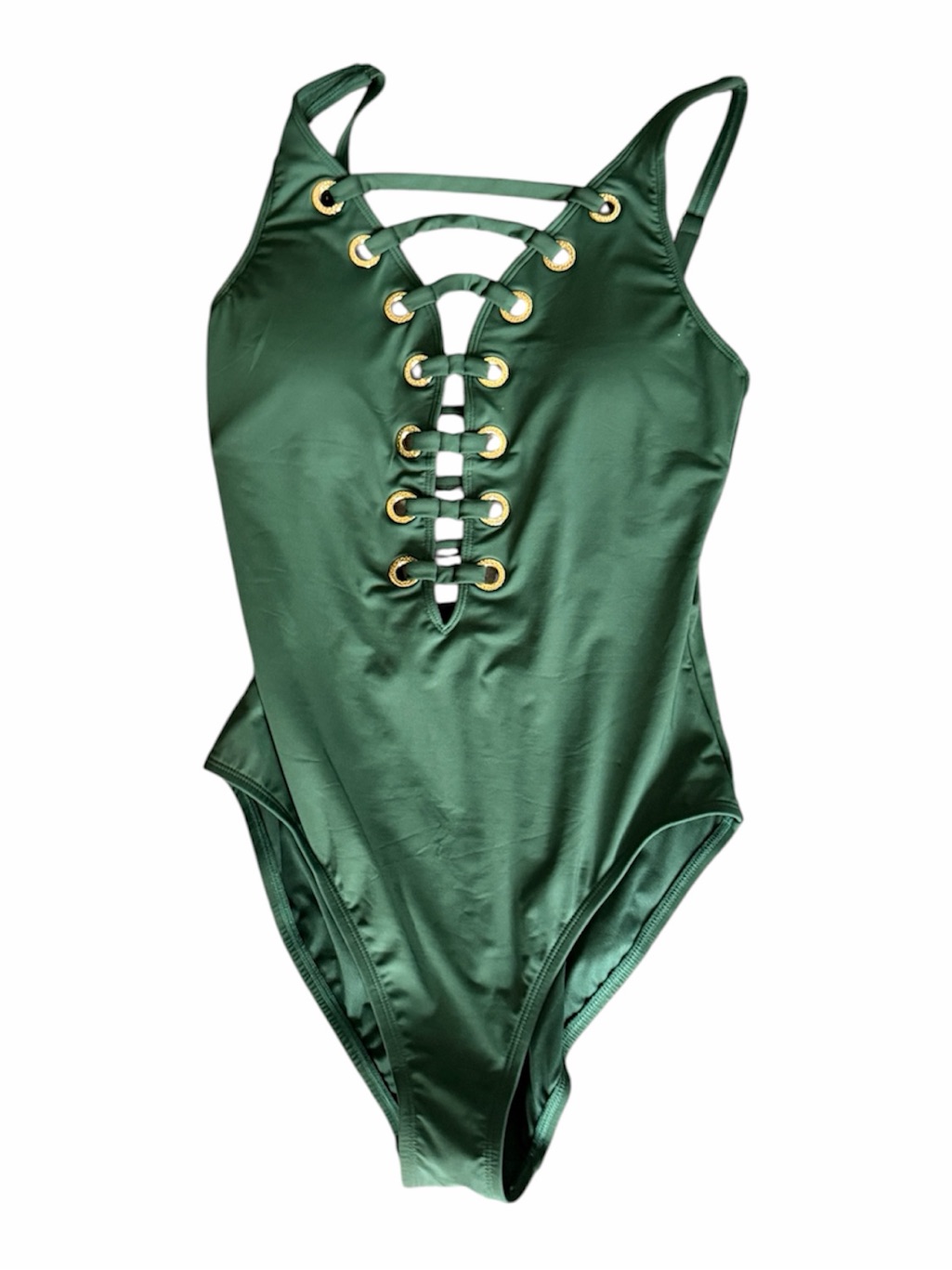 Sculpting Dark Green Lace-Up One-Piece Swimsuit With Gold Eyelets